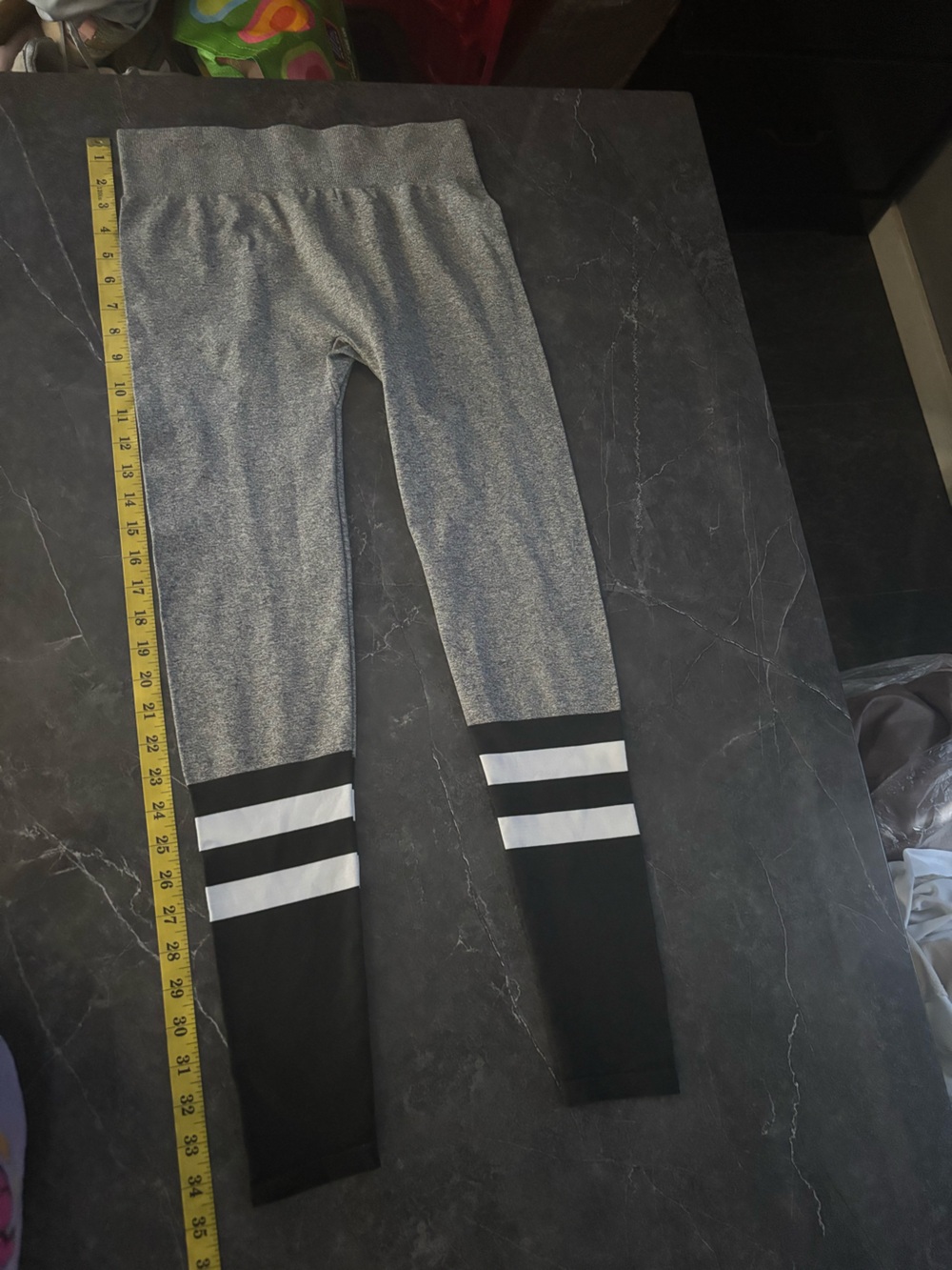 High-Waist Grey & Black Leggings with White Stripe Detail